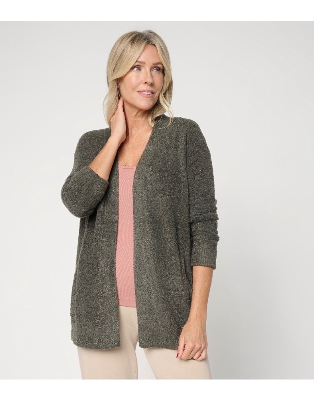 BAREFOOT DREAMS COZY CHIC LITE RIBBED CUFF COASTLINE CARDIGAN  COLOR MOSS GREEN